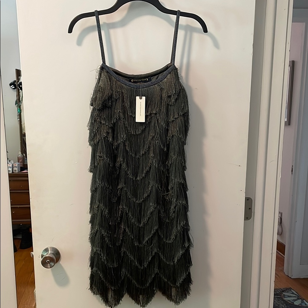 Anthropologie Gray Fringe Mini Dress